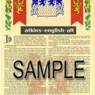 ATKINS - ENGLISH - ALT - Coat of Arms - Family Crest - Armorial GIFT! 8.5x11