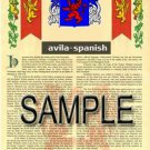 AVILA - SPANISH - Coat of Arms - Family Crest - Armorial GIFT! 8.5x11