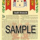 BALL - FRENCH - Coat of Arms - Family Crest - Armorial GIFT! 8.5x11