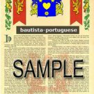 BAUTISTA - PORTUGUESE - Coat of Arms - Family Crest - Armorial GIFT! 8.5x11