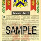 BECKER - DUTCH - Coat of Arms - Family Crest - Armorial GIFT! 8.5x11