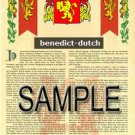 BENEDICT - DUTCH - Coat of Arms - Family Crest - Armorial GIFT! 8.5x11