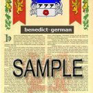 BENEDICT - GERMAN - Coat of Arms - Family Crest - Armorial GIFT! 8.5x11
