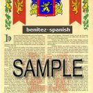BENITEZ - SPANISH - Coat of Arms - Family Crest - Armorial GIFT! 8.5x11