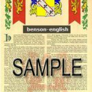 BENSON - ENGLISH - Coat of Arms - Family Crest - Armorial GIFT! 8.5x11