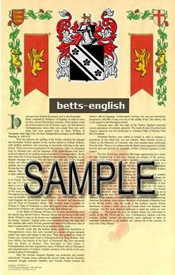 BETTS - ENGLISH - Coat of Arms - Family Crest - Armorial GIFT 8.5x11