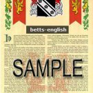 BETTS - ENGLISH - Coat of Arms - Family Crest - Armorial GIFT! 8.5x11