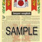BEYER - ENGLISH - Coat of Arms - Family Crest - Armorial GIFT! 8.5x11