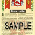 BIGGS - ENGLISH - Coat of Arms - Family Crest - Armorial GIFT! 8.5x11