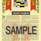 BOND - ENGLISH - Coat of Arms - Family Crest - Armorial GIFT! 8.5x11