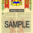 BURGER - DUTCH - Coat of Arms - Family Crest - Armorial GIFT! 8.5x11
