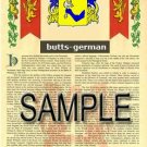BUTTS - GERMAN - Coat of Arms - Family Crest - Armorial GIFT! 8.5x11