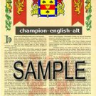 CHAMPION - ENGLISH - ALT - Coat of Arms - Family Crest - Armorial GIFT! 8.5x11