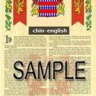 CHIN - ENGLISH - Coat of Arms - Family Crest - Armorial GIFT! 8.5x11