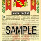 COLON - ENGLISH - Coat of Arms - Family Crest - Armorial GIFT! 8.5x11