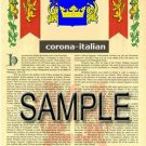 CORONA - ITALIAN - Coat of Arms - Family Crest - Armorial GIFT! 8.5x11
