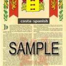 COSTA - SPANISH - Coat of Arms - Family Crest - Armorial GIFT! 8.5x11