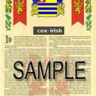 COX - IRISH - Coat of Arms - Family Crest - Armorial GIFT! 8.5x11