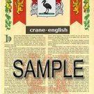 CRANE - ENGLISH - Coat of Arms - Family Crest - Armorial GIFT! 8.5x11