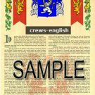 CREWS - ENGLISH - Coat of Arms - Family Crest - Armorial GIFT! 8.5x11