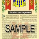 DAVILA - PORTUGUESE - Coat of Arms - Family Crest - Armorial GIFT! 8.5x11