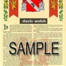 DAVIS - WELSH - Coat of Arms - Family Crest - Armorial GIFT! 8.5x11