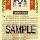 ERWIN - IRISH - Coat of Arms - Family Crest - Armorial GIFT! 8.5x11