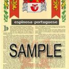ESPINOSA - PORTUGUESE - Coat of Arms - Family Crest - Armorial GIFT! 8.5x11