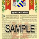 GUERRA - ITALIAN - Coat of Arms - Family Crest - Armorial GIFT! 8.5x11