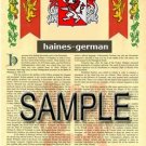 HAINES - GERMAN - Coat of Arms - Family Crest - Armorial GIFT! 8.5x11