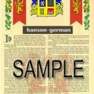 HANSON - GERMAN - Coat of Arms - Family Crest - Armorial GIFT! 8.5x11