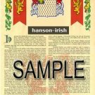 HANSON - IRISH - Coat of Arms - Family Crest - Armorial GIFT! 8.5x11