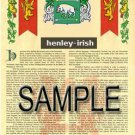 HENLEY - IRISH - Coat of Arms - Family Crest - Armorial GIFT! 8.5x11