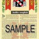 HOLLIS - ENGLISH - Coat of Arms - Family Crest - Armorial GIFT! 8.5x11