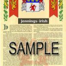 JENNINGS - IRISH - Coat of Arms - Family Crest - Armorial GIFT! 8.5x11