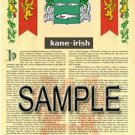 KANE - IRISH - Armorial Name History - Coat of Arms - Family Crest GIFT! 8.5x11
