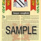 KAYE - ENGLISH - Armorial Name History - Coat of Arms - Family Crest GIFT! 8.5x11