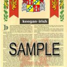 KEEGAN - IRISH - Armorial Name History - Coat of Arms - Family Crest GIFT! 8.5x11 KEEGAN - IRISH - Armorial Name History - Coat of Arms - Family Crest GIFT! 8.5x11