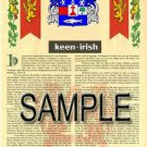 KEEN - IRISH - Armorial Name History - Coat of Arms - Family Crest GIFT! 8.5x11