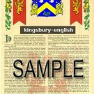KINGSBURY - ENGLISH - Armorial Name History - Coat of Arms - Family Crest GIFT! 8.5x11