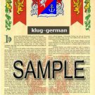KLUG - GERMAN - Armorial Name History - Coat of Arms - Family Crest GIFT! 8.5x11