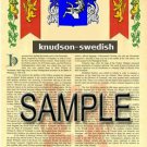KNUDSON - SWEDISH - Armorial Name History - Coat of Arms - Family Crest GIFT! 8.5x11