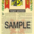 KOGER - GERMAN - Armorial Name History - Coat of Arms - Family Crest GIFT! 8.5x11