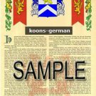 KOONS - GERMAN - Armorial Name History - Coat of Arms - Family Crest GIFT! 8.5x11