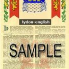 LYDON - ENGLISH - Armorial Name History - Coat of Arms - Family Crest GIFT! 8.5x11 LYDON - ENGLISH - Armorial Name History - Coat of Arms - Family Crest GIFT! 8.5x11