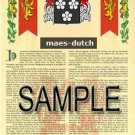 MAES - DUTCH - Armorial Name History - Coat of Arms - Family Crest GIFT! 8.5x11