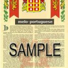 MELO - PORTUGUESE - Armorial Name History - Coat of Arms - Family Crest GIFT! 8.5x11