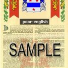 POOR - ENGLISH - Armorial Name History - Coat of Arms - Family Crest GIFT! 8.5x11