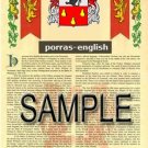 PORRAS - ENGLISH - Armorial Name History - Coat of Arms - Family Crest GIFT! 8.5x11