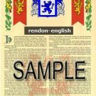 RENDON - ENGLISH - Armorial Name History - Coat of Arms - Family Crest GIFT! 8.5x11